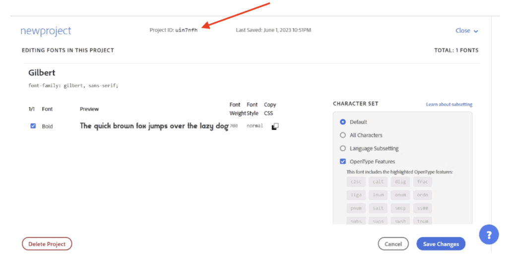 Adobe Fonts - locating your Project ID